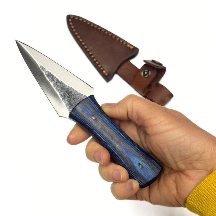 Forged Arrowhead Knife with Blue and Black Wooden Handle