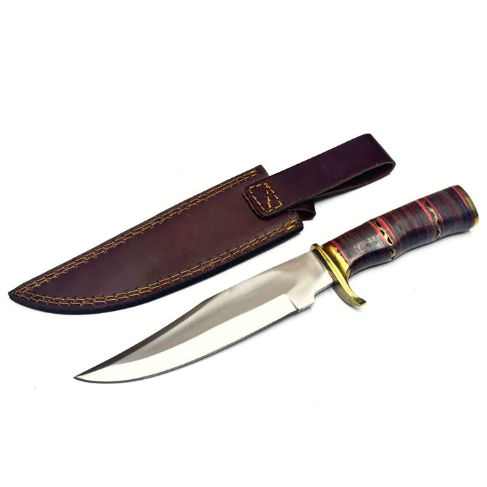 12.5" Filework Stacked Leather Handle Hunter Knife with Brass Accents & Leather Sheath