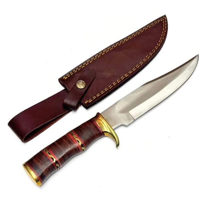 12.5" Filework Stacked Leather Handle Hunter Knife with Brass Accents & Leather Sheath