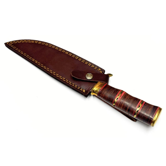 12.5" Filework Stacked Leather Handle Hunter Knife with Brass Accents & Leather Sheath