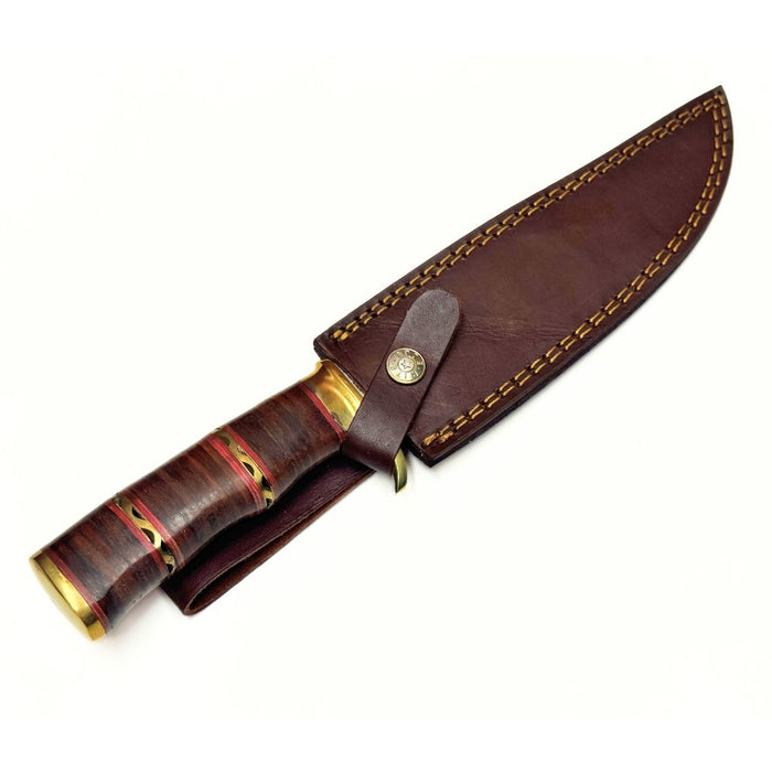12.5" Filework Stacked Leather Handle Hunter Knife with Brass Accents & Leather Sheath