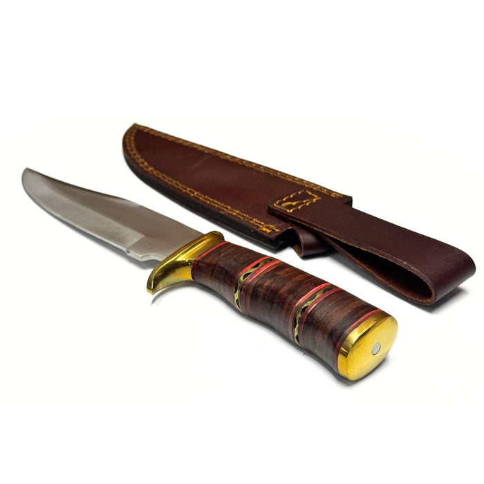 12.5" Filework Stacked Leather Handle Hunter Knife with Brass Accents & Leather Sheath