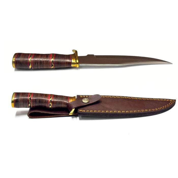 12.5" Filework Stacked Leather Handle Hunter Knife with Brass Accents & Leather Sheath
