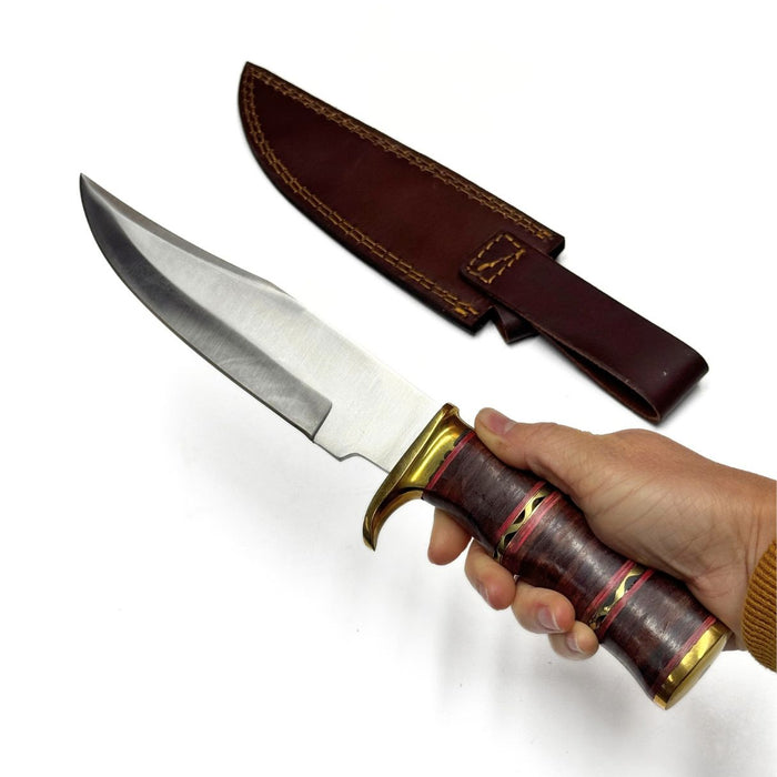 12.5" Filework Stacked Leather Handle Hunter Knife with Brass Accents & Leather Sheath