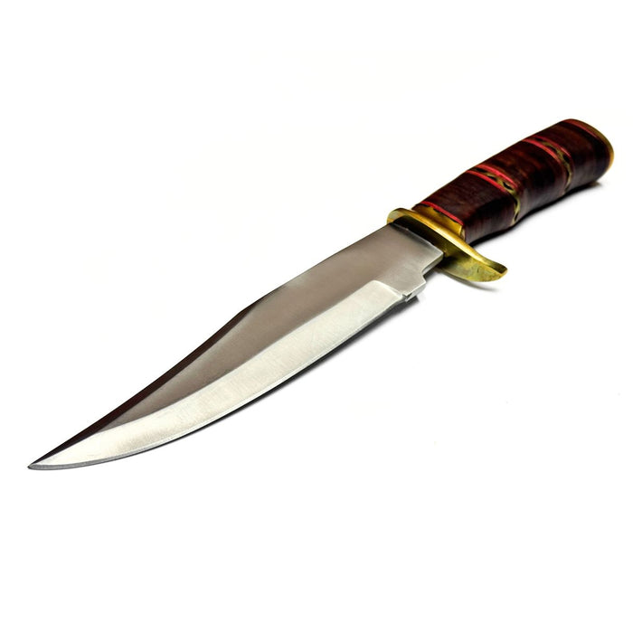 12.5" Filework Stacked Leather Handle Hunter Knife with Brass Accents & Leather Sheath