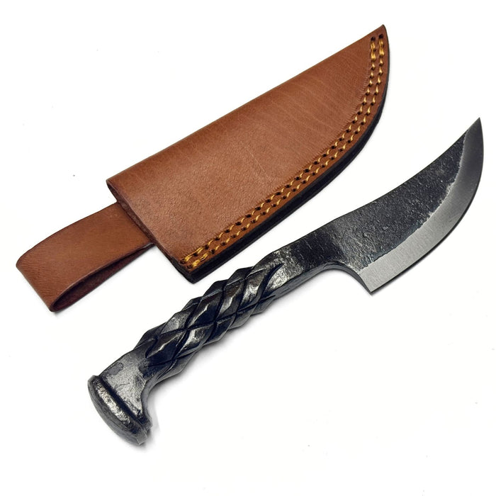 8.5" Forged Diamond Knife – Carbon Steel Blade with Diamond Pattern Handle & Leather Sheath