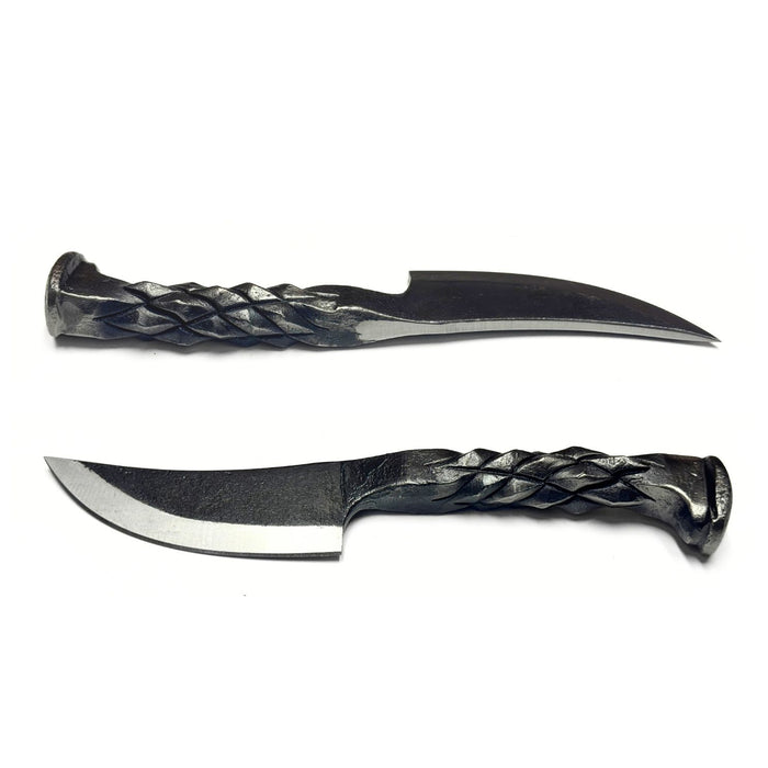 8.5" Forged Diamond Knife – Carbon Steel Blade with Diamond Pattern Handle & Leather Sheath