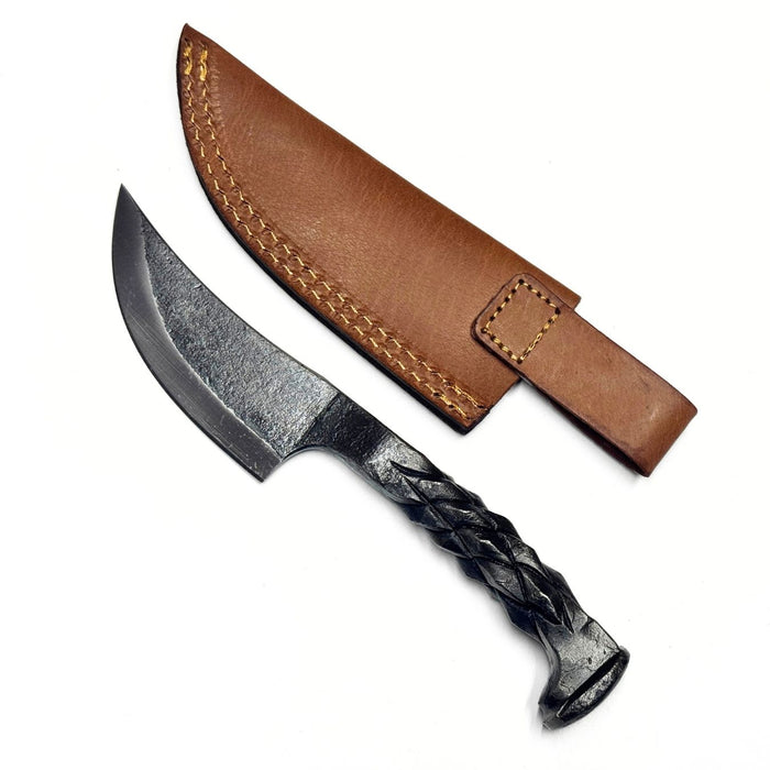 8.5" Forged Diamond Knife – Carbon Steel Blade with Diamond Pattern Handle & Leather Sheath
