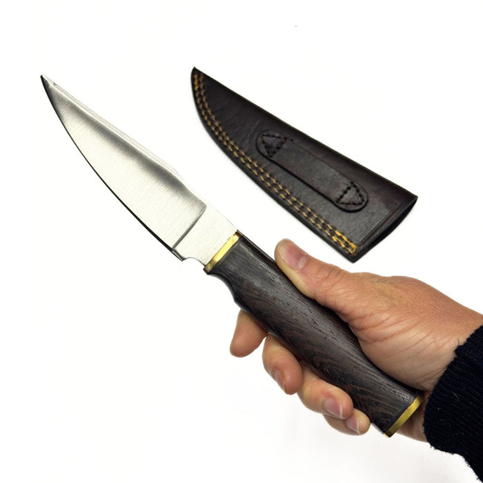 Unique Skinner Knife with Wenge Wood Handle & Leather Sheath – 8.5" Stainless Steel Blade