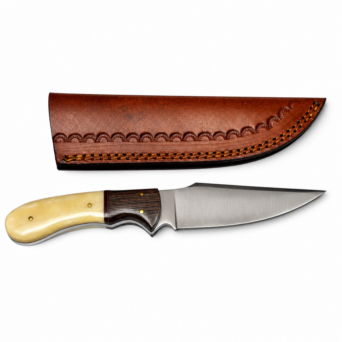 9" Camel Bone & Wood Hunting Knife – Full Tang Stainless Steel Blade with Leather Sheath
