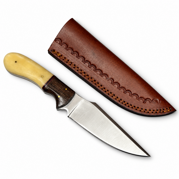 9" Camel Bone & Wood Hunting Knife – Full Tang Stainless Steel Blade with Leather Sheath