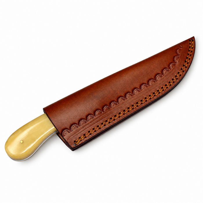 9" Camel Bone & Wood Hunting Knife – Full Tang Stainless Steel Blade with Leather Sheath
