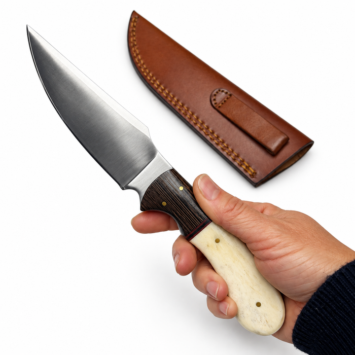 9" Camel Bone & Wood Hunting Knife – Full Tang Stainless Steel Blade with Leather Sheath
