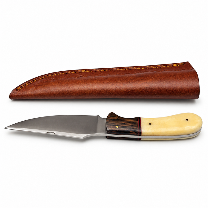9" Camel Bone & Wood Hunting Knife – Full Tang Stainless Steel Blade with Leather Sheath
