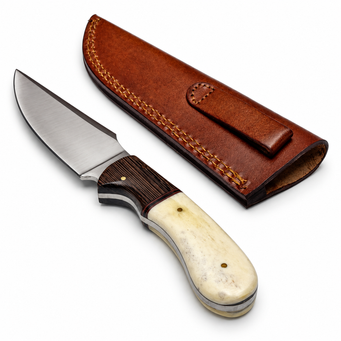 9" Camel Bone & Wood Hunting Knife – Full Tang Stainless Steel Blade with Leather Sheath