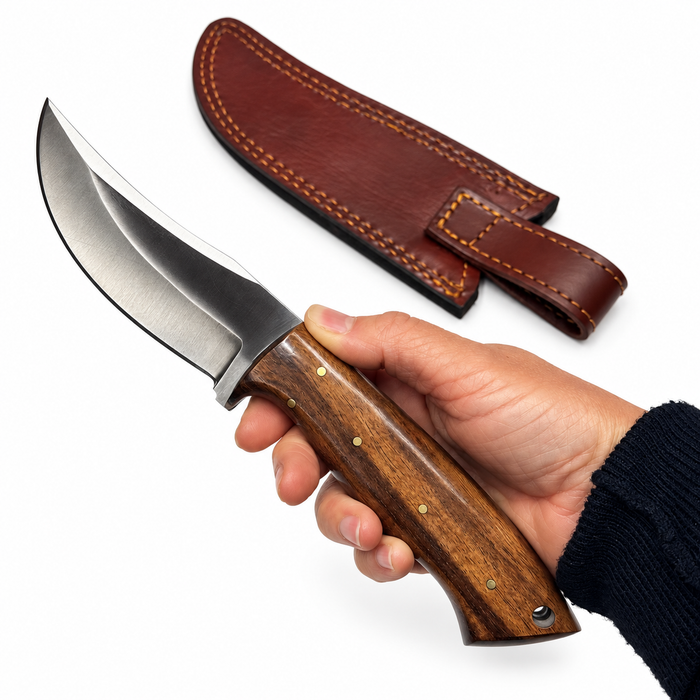 9" Saddle Wood Hunter Knife – Full Tang Stainless Steel Blade with Leather Sheath