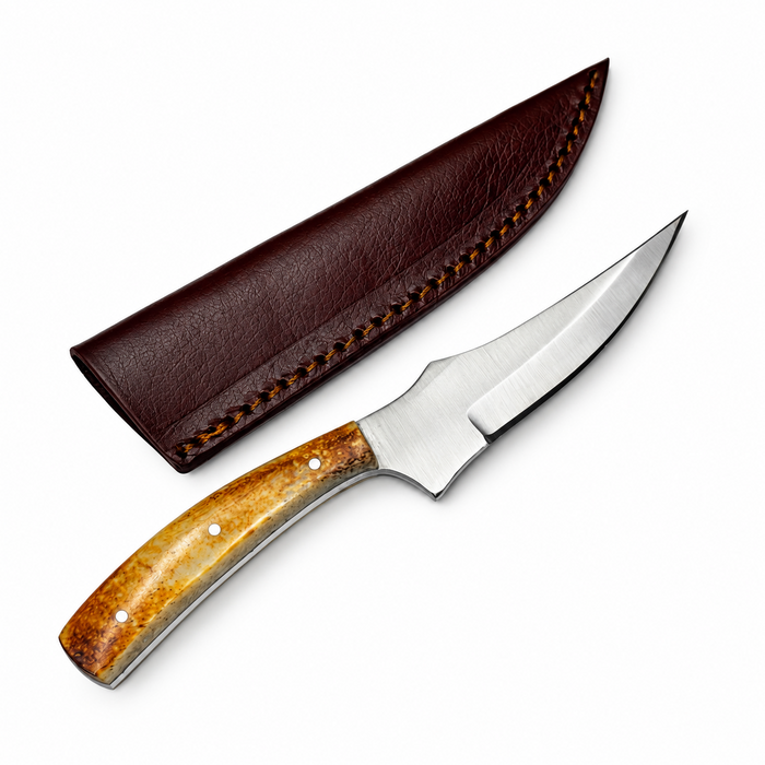 7.75" Burned Bone Trailing Point Hunting Knife – Full Tang Stainless Steel Blade with Leather Sheath