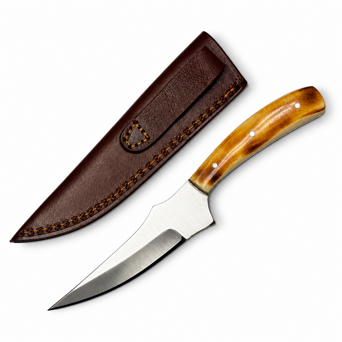 7.75" Burned Bone Trailing Point Hunting Knife – Full Tang Stainless Steel Blade with Leather Sheath