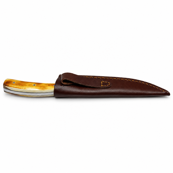 7.75" Burned Bone Trailing Point Hunting Knife – Full Tang Stainless Steel Blade with Leather Sheath