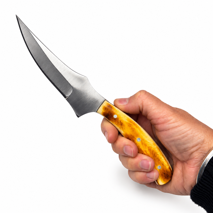 7.75" Burned Bone Trailing Point Hunting Knife – Full Tang Stainless Steel Blade with Leather Sheath