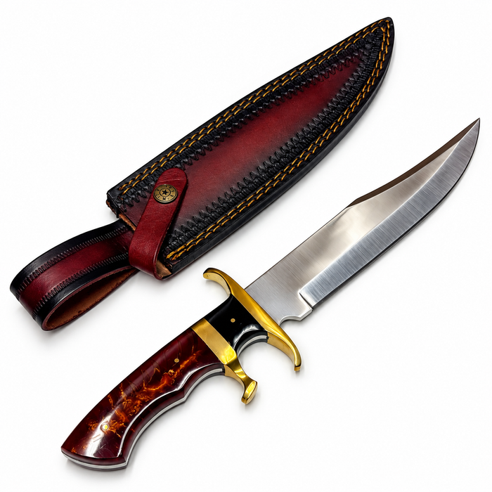 13.5" Terra Bowie Hunting Knife – Full Tang Stainless Steel Blade with Resin Handle & Leather Sheath