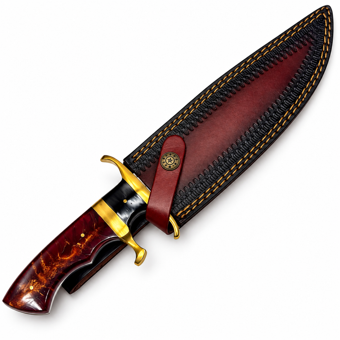 13.5" Terra Bowie Hunting Knife – Full Tang Stainless Steel Blade with Resin Handle & Leather Sheath