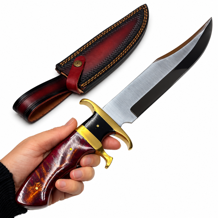 13.5" Terra Bowie Hunting Knife – Full Tang Stainless Steel Blade with Resin Handle & Leather Sheath