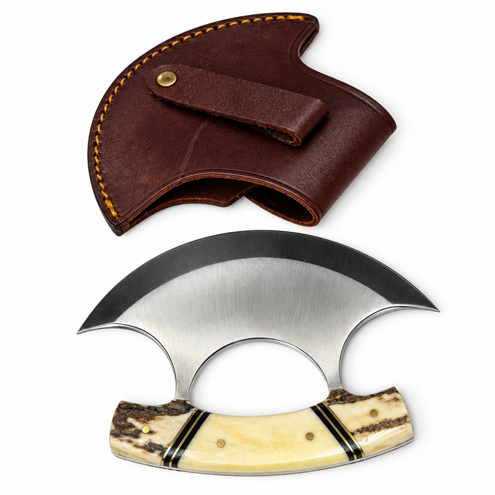 5.5" Alaskan Ulu Knife – Stainless Steel Crescent Blade with Stag & Bone Handle and Leather Sheath