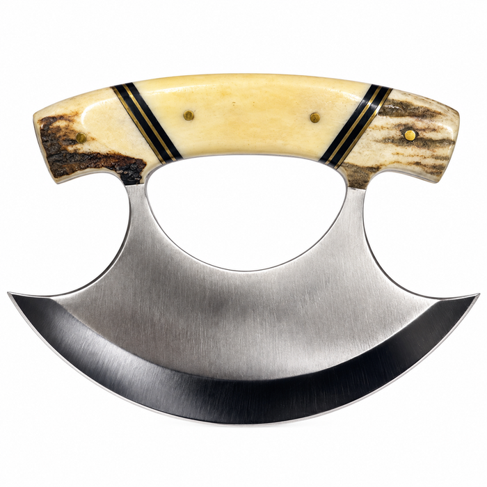 5.5" Alaskan Ulu Knife – Stainless Steel Crescent Blade with Stag & Bone Handle and Leather Sheath