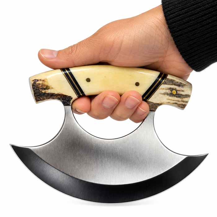 5.5" Alaskan Ulu Knife – Stainless Steel Crescent Blade with Stag & Bone Handle and Leather Sheath