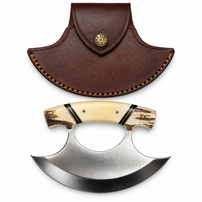 5.5" Alaskan Ulu Knife – Stainless Steel Crescent Blade with Stag & Bone Handle and Leather Sheath