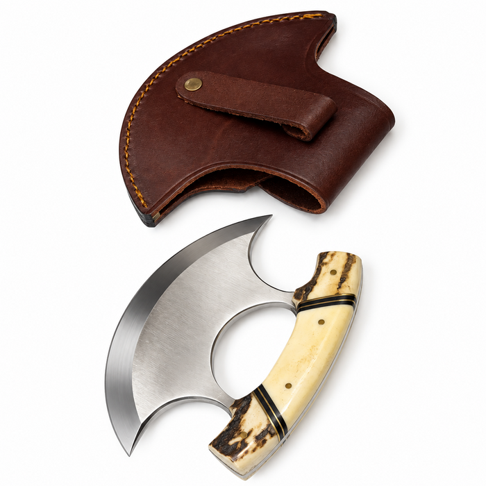 5.5" Alaskan Ulu Knife – Stainless Steel Crescent Blade with Stag & Bone Handle and Leather Sheath
