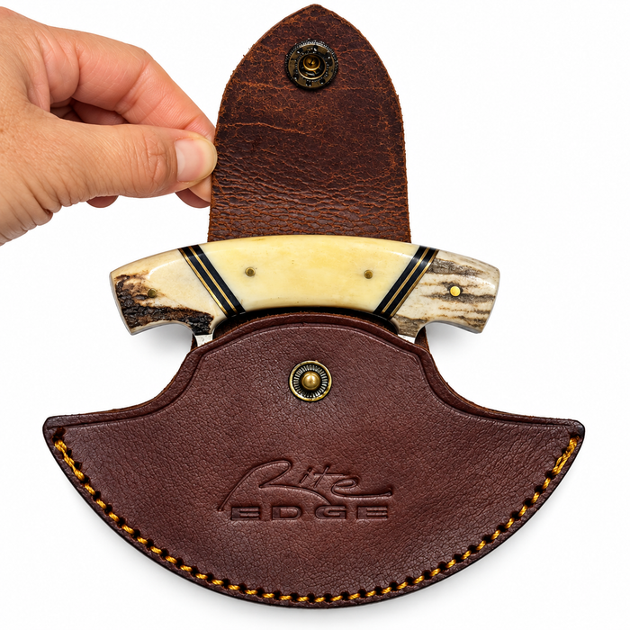 5.5" Alaskan Ulu Knife – Stainless Steel Crescent Blade with Stag & Bone Handle and Leather Sheath