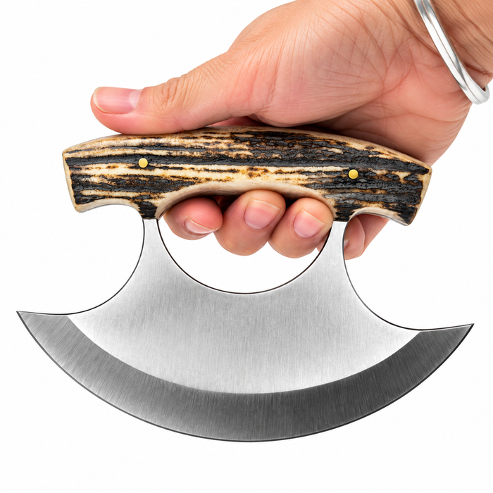 5.5" Alaskan Stag Ulu Knife - Full Tang Stainless Steel Blade with Leather Sheath