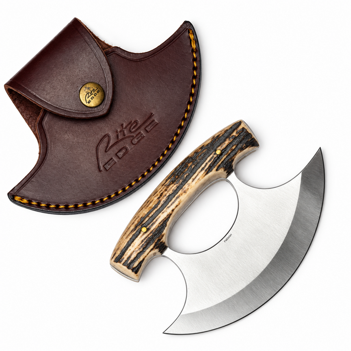 5.5" Alaskan Stag Ulu Knife - Full Tang Stainless Steel Blade with Leather Sheath