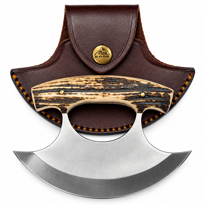 5.5" Alaskan Stag Ulu Knife - Full Tang Stainless Steel Blade with Leather Sheath