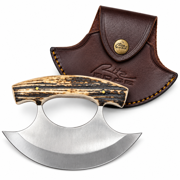 5.5" Alaskan Stag Ulu Knife - Full Tang Stainless Steel Blade with Leather Sheath