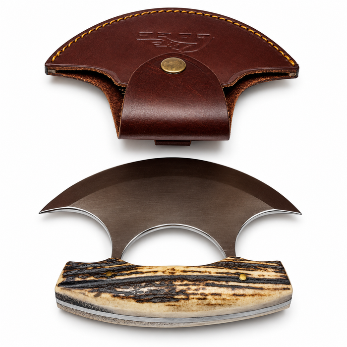 5.5" Alaskan Stag Ulu Knife - Full Tang Stainless Steel Blade with Leather Sheath