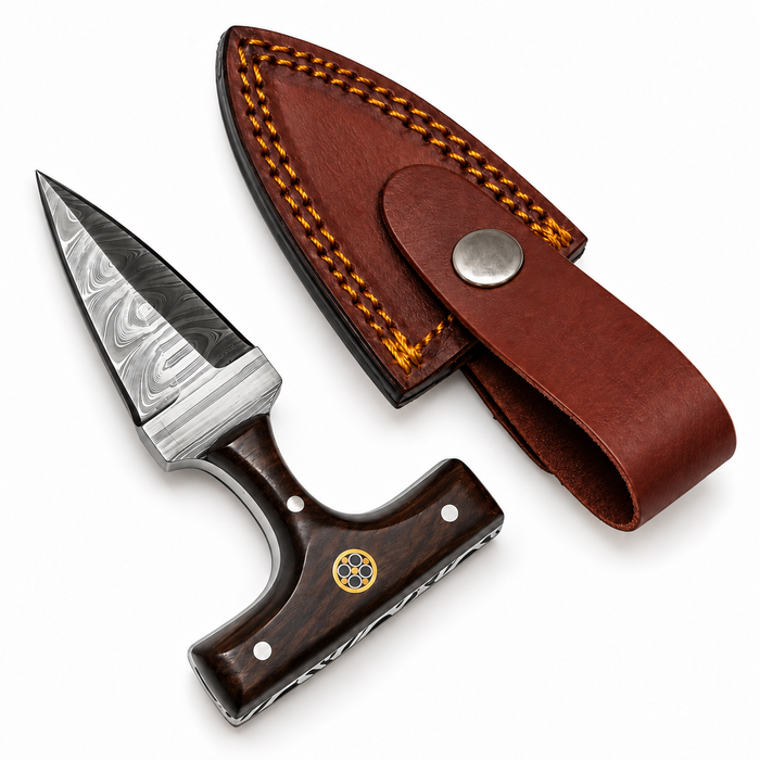 4.5" Mosaic Push Dagger – Damascus Steel Blade with Walnut Wood Handle & Leather Sheath