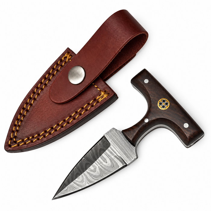4.5" Mosaic Push Dagger – Damascus Steel Blade with Walnut Wood Handle & Leather Sheath