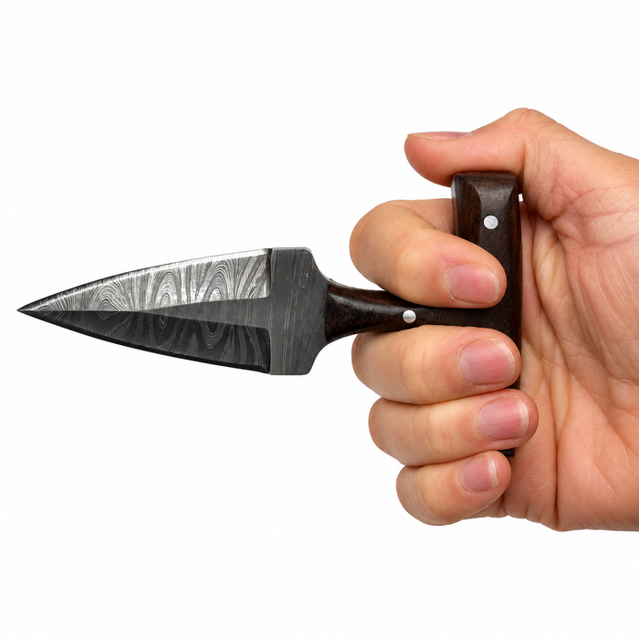 4.5" Mosaic Push Dagger – Damascus Steel Blade with Walnut Wood Handle & Leather Sheath
