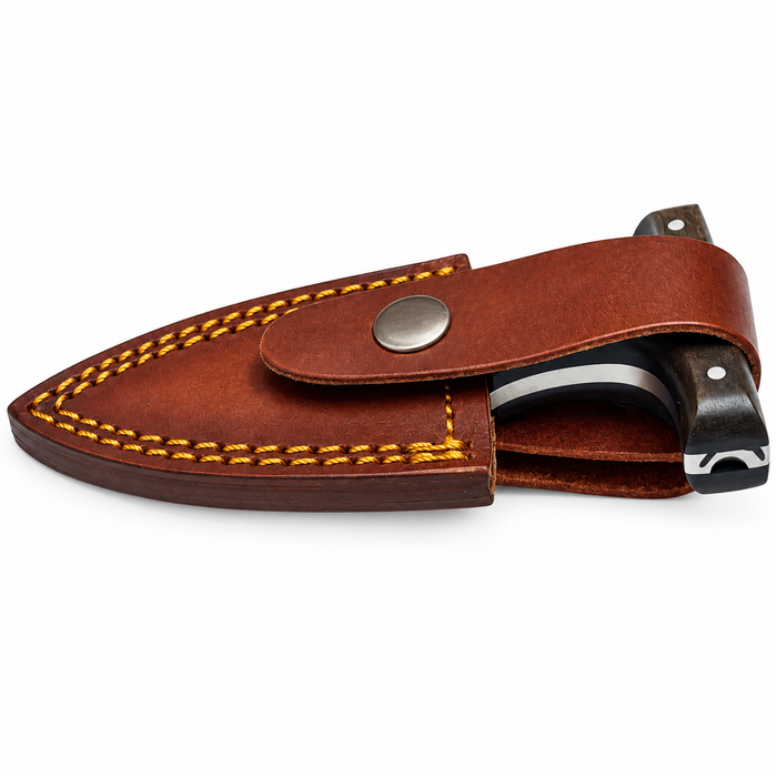 4.5" Mosaic Push Dagger – Damascus Steel Blade with Walnut Wood Handle & Leather Sheath