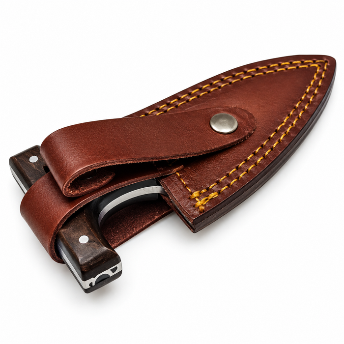 4.5" Mosaic Push Dagger – Damascus Steel Blade with Walnut Wood Handle & Leather Sheath