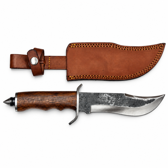 12.75" Carbon Steel Bowie Knife with Wooden Handle, Spike Pommel & Leather Sheath