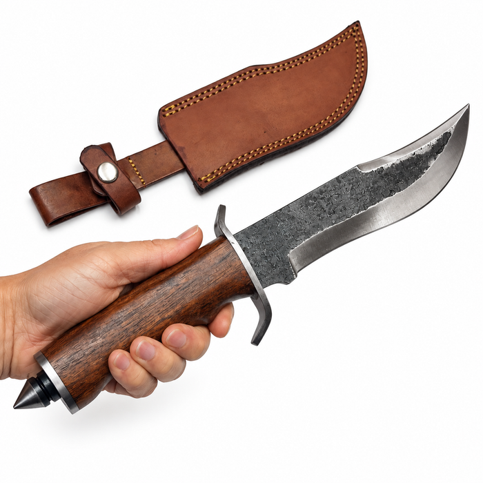 12.75" Carbon Steel Bowie Knife with Wooden Handle, Spike Pommel & Leather Sheath