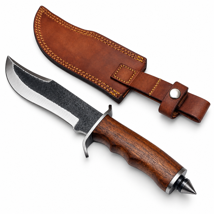 12.75" Carbon Steel Bowie Knife with Wooden Handle, Spike Pommel & Leather Sheath