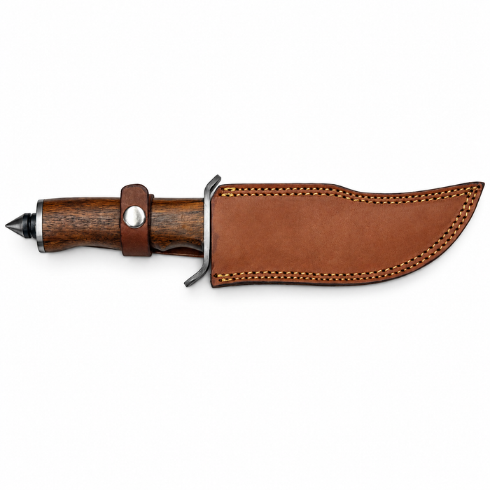 12.75" Carbon Steel Bowie Knife with Wooden Handle, Spike Pommel & Leather Sheath