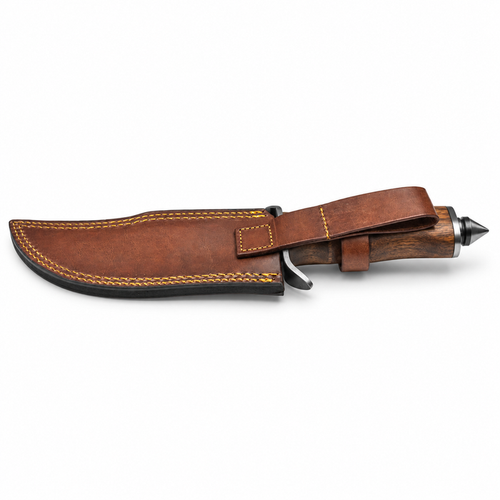 12.75" Carbon Steel Bowie Knife with Wooden Handle, Spike Pommel & Leather Sheath