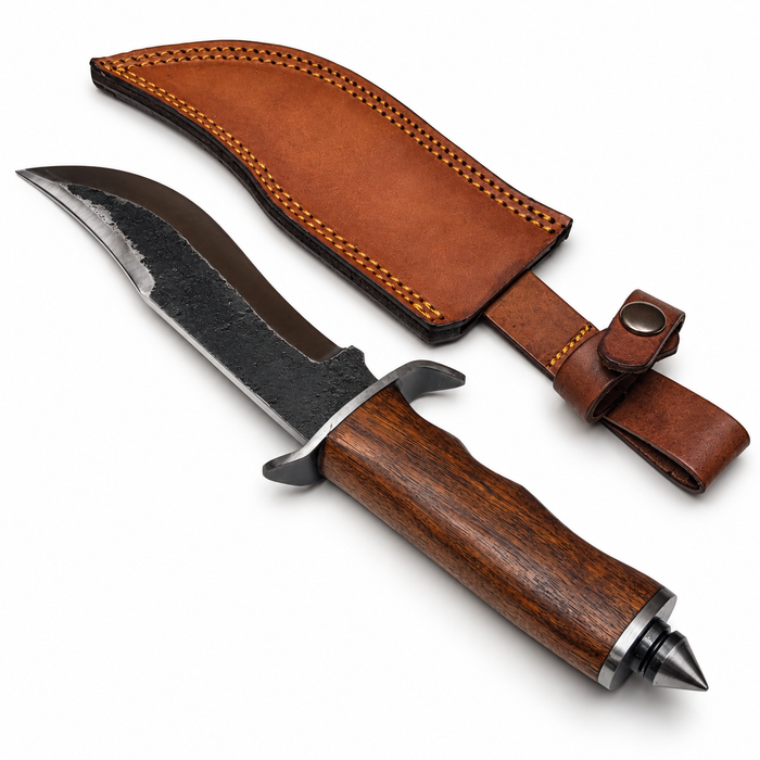 12.75" Carbon Steel Bowie Knife with Wooden Handle, Spike Pommel & Leather Sheath