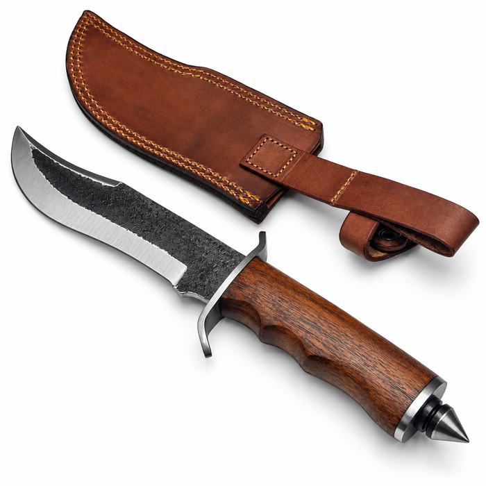 12.75" Carbon Steel Bowie Knife with Wooden Handle, Spike Pommel & Leather Sheath